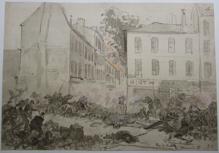 Dessin de Robida - En bas à droite de l’image : « La dernière barrcade rue de Tourtille le dimanche 28 à 2 h » (Histoire socialiste sous la direction de Jean Jaurès 1908, Volume 11, La Commune, illustration page 437)  